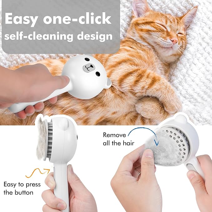 4 in 1 Pet Steam Brush for Cat & Dog, Cat Steam Brush for indoor Cats, Self Cleaning Shedding & Grooming Tool with Waterless Shampoo, Pet Spray Hair Removal Comb with Release Button & Water Tank