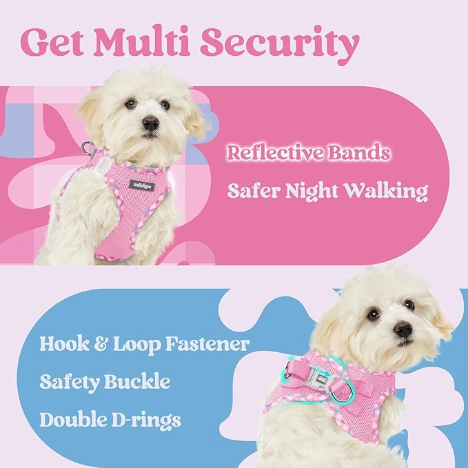rabbitgoo Small Dog Harness, Step-in Soft Mesh Puppy Vest with Safety Buckle, Breathable Reflective Pet Harness for Small Sized Dogs, Pink & Plaid Trim M