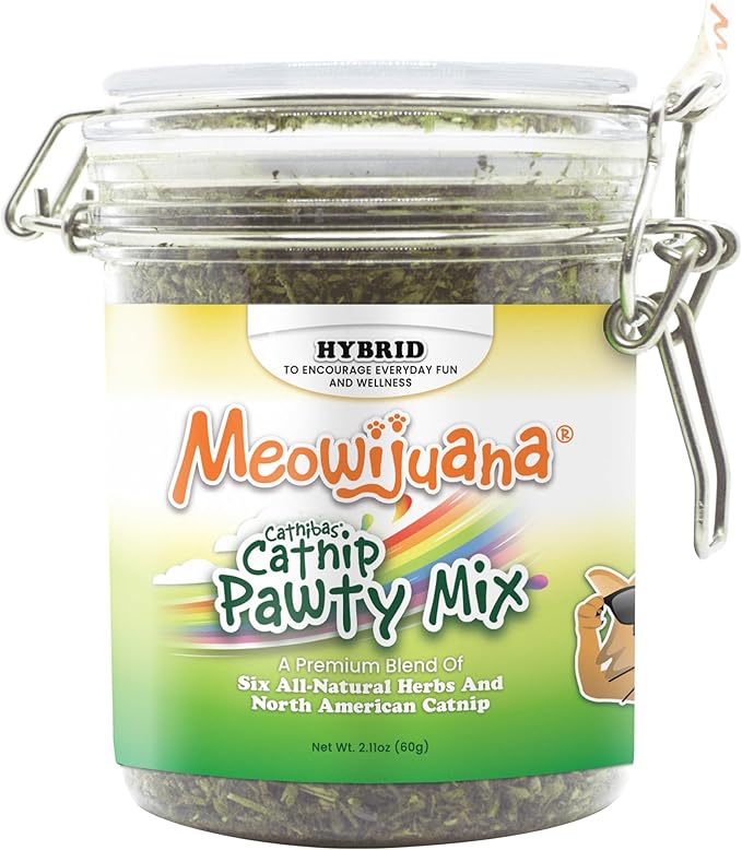 Meowijuana Catnibas Catnip Pawty Mix Jar | Premium Cat Nip for Cats with Silvervine, Passion Flower, Chamomile, Dandelion & Valerian Root | High Potency Catnip | 60g