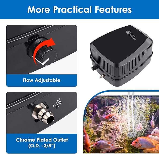 AquaMiracle All-in-One Koi Pond Aerator for Outdoor Ponds up to 1500 Gallons, Pond Air Pump Pond Aeration System with 2-Outlet Manifold Airline Tubing Air Stones Check Valves