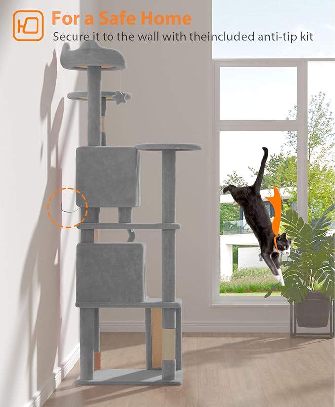 77'' Cat tree Tower for Indoor Cats Large Adult,Cute/Tall Modern Cat Tree for Big Cats 20 lbs,Plush Multi-Level Cat Condo with Scratching Posts,Dangling Ball for fun play(Light Gray, 77 inch)