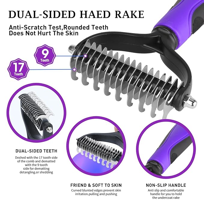 Dog Brush Kit - Self-Cleaning Slicker Brush with Bath Brush & Undercoat Rake | Deshedding Tools for Large - Small Dogs & Cats, Professional 3-in-1 Pet Grooming Set for Heavy Shedding, Blue