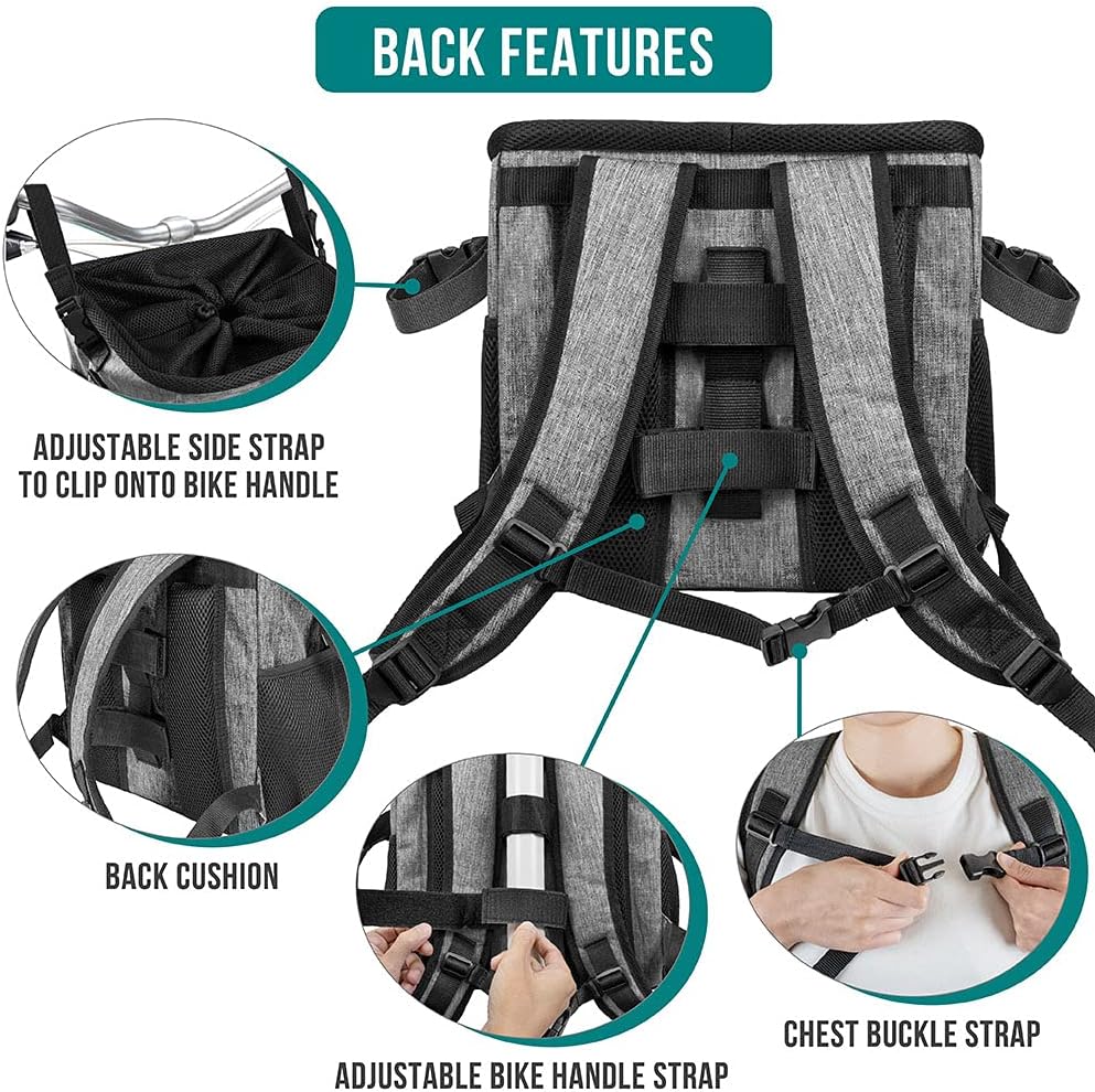 PetAmi Dog Bike Basket, Soft-Sided Ventilated Dog Bike Carrier Backpack, Pet Bicycle Basket for Bike Handlebar, Small Medium Puppy Cat Kitten Car Booster Seat with Safety Strap, Max 18 lbs, Gray