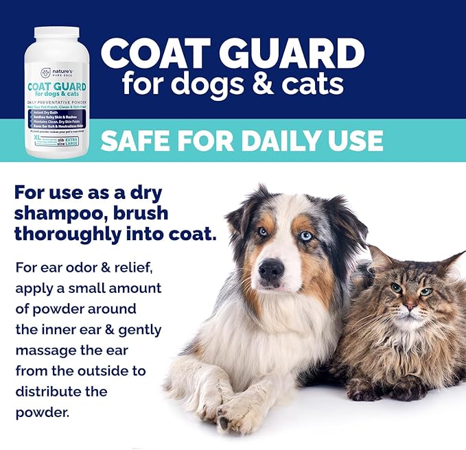 Coat Guard Dry Shampoo for Dogs and Cats - Extra Large 2 lbs Jar, Dog Dry Shampoo Powder, Waterless Dog Shampoo, Anti Itch Relief, Cedar Scented, Anti Dandruff, Hot Spots, Nature's Pure Edge