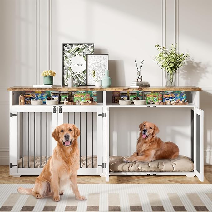 72'' Dog Crate Furniture for 2 Dogs, Wooden Dog Cage with Storage Compartment, Indoor Dog Kennel with 4 Doors for Large/Medium Dogs, White