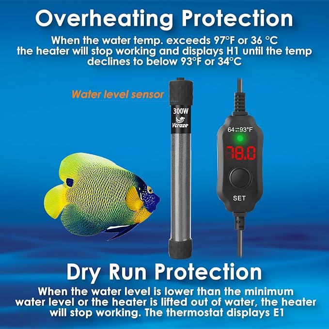 Super Compact 300W Fish Tank Heater, Submersible Aquarium Heater with LED Digital Display Thermostat, Adjustable Fish Heater for 40-60 Gallon Tanks