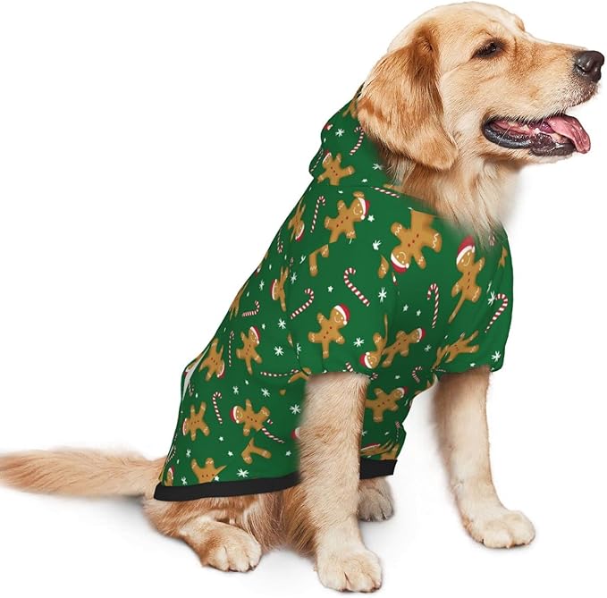 Green Christmas Gingerbread Men Candies Hoodie,Christmas Cosplay Dog Clothes with Pocket and Hat Winter Clothes Sweaters Medium
