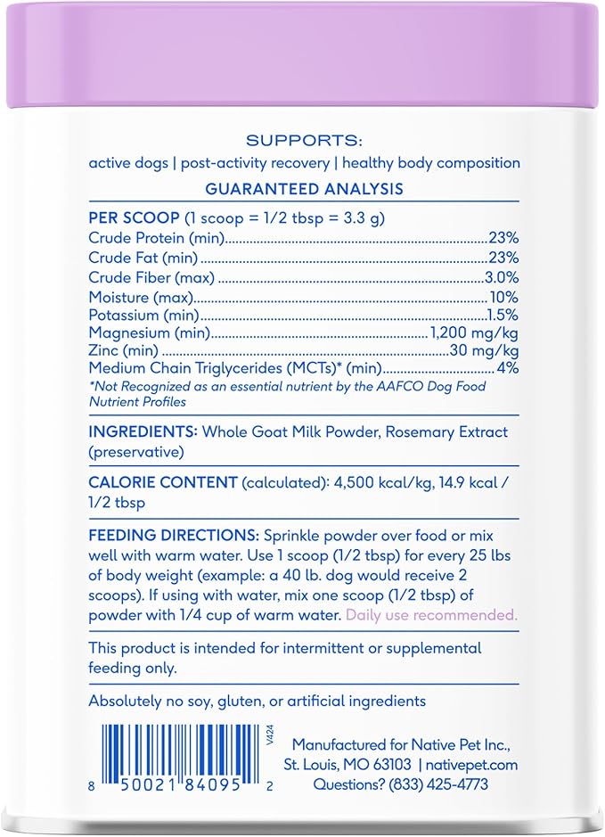Native Pet Goat Milk for Dogs - Organic Goat Milk Powder for Dogs and Cats - Puppy Formula Dairy Replacement Packed with Protein & Vitamins for Immunity, Recovery & Growth for Active Pups - 60 Scoops