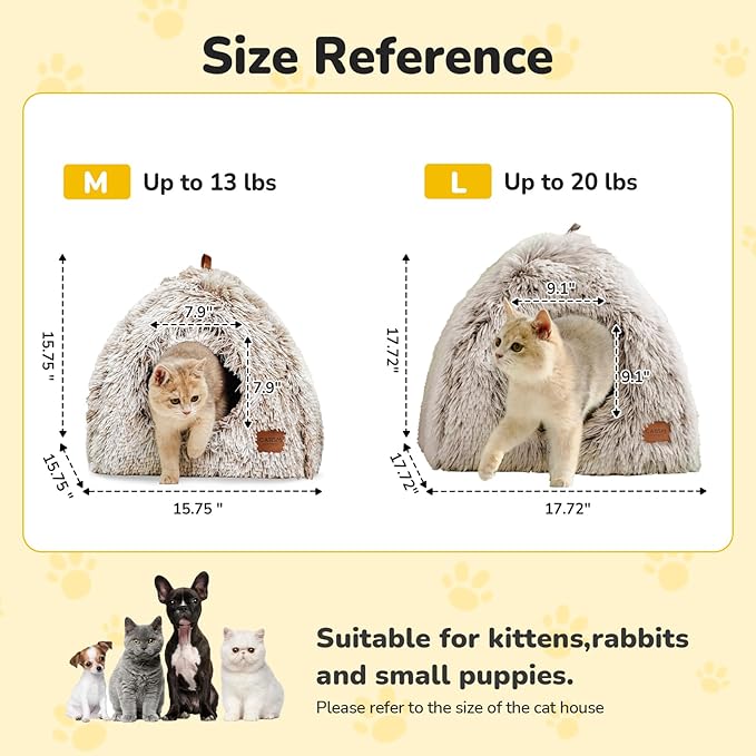 CATISM Cat Bed, Cat Cave for Indoor Cats, Soft Cat Dome, Self-Warming 2 in 1 Foldable Pet Cat House with Washable Cushioned Pillow Calming Fluffy Dog Beds for Small Dogs with Anti-Slip Bottom Brown L