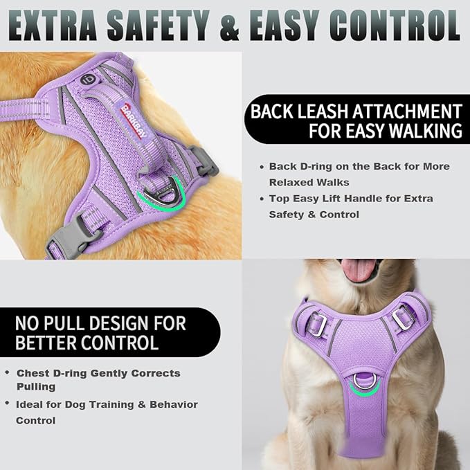 BARKBAY No Pull Dog Harness Large Reflective Dog Harness with Front Clip and Easy Control Handle for Walking Training Running with ID tag Pocket(Violet Purple,M)