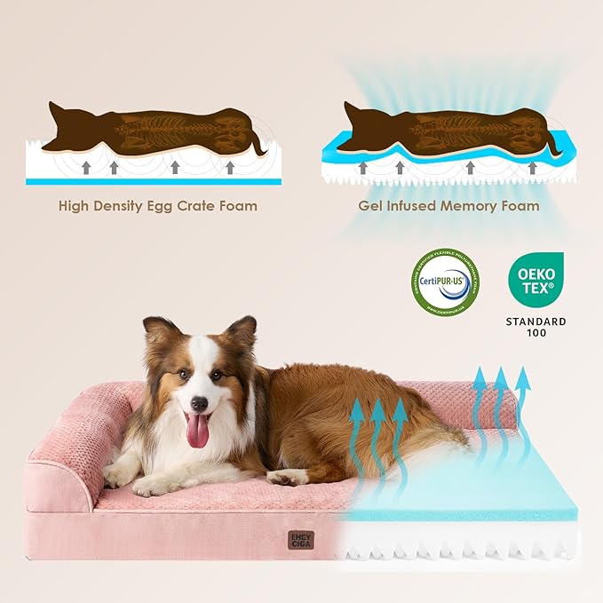 EHEYCIGA XXL Dog Bed Memory Foam, Orthopedic Giant Dog Bed Jumbo with Washable Removable Cover, Waterproof Pet Sofa Couch with Nonskid Bottom, 48x35x7.5, Pink