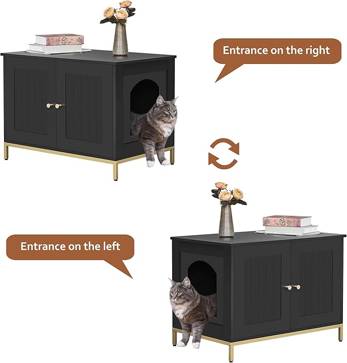 Homhedy Cat Litter Box Enclosure, Cat Washroom Furniture with Metal Frame, Pet House, Fit Most of Litter Box, Modern Style, Black and Gold