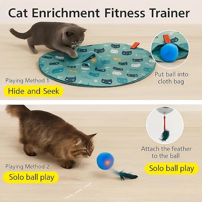 Interactive Cat Toys, Play Mat with Automatic Motion Balls, LED Lights, Bird Chirping Sound, 3 Speed Levels, Indoor Enrichment, Cat Pattern Design