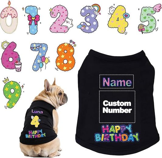 Custom Dog Birthday Shirt,Personalized Pet Apparel Print with Name Age Number,Pet Birthday Outfit,Lightweight Breathable Cotton Vest for Small Medium Large Dogs Cat (Black, 6X-Large)