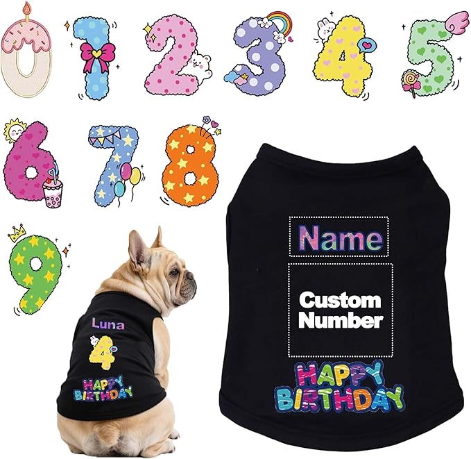 Custom Dog Birthday Shirt,Personalized Pet Apparel Print with Name Age Number,Pet Birthday Outfit,Lightweight Breathable Cotton Vest for Small Medium Large Dogs Cat (Black, 5X-Large)