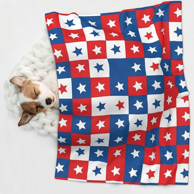 Pet Blanket for Travel and Home, American Flag Plaid Pattern, Reversible Plush Dot Design with Soft Grip Texture on One Side Perfect for Car Seats Moving Vehicles