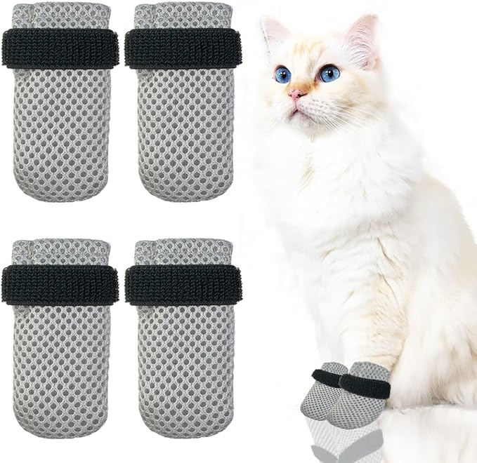 4 PCS Cat Mittens to Prevent Scratching,Mesh Breathable Cat Shoes,Adjustable Cats Anti Scratch Gloves,Suitable for Cats When Bathing and Nail Trimming(XL,Grey)
