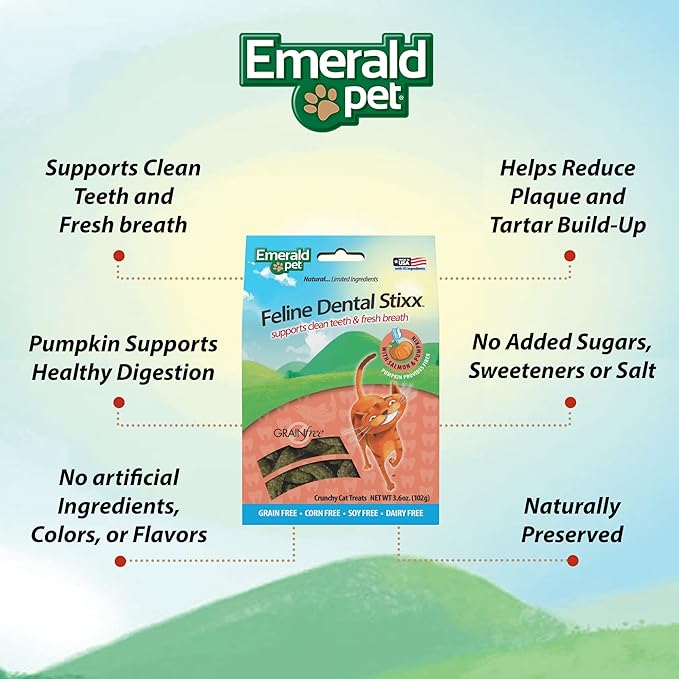 Emerald Pet Feline Dental Stixx — Tasty and Crunchy Cat Dental Sticks with Pumpkin for Digestive Health — Natural Grain Free Dental Treats for Clean Cat Teeth and Fresh Breath — Salmon Stixx, 3.6 oz