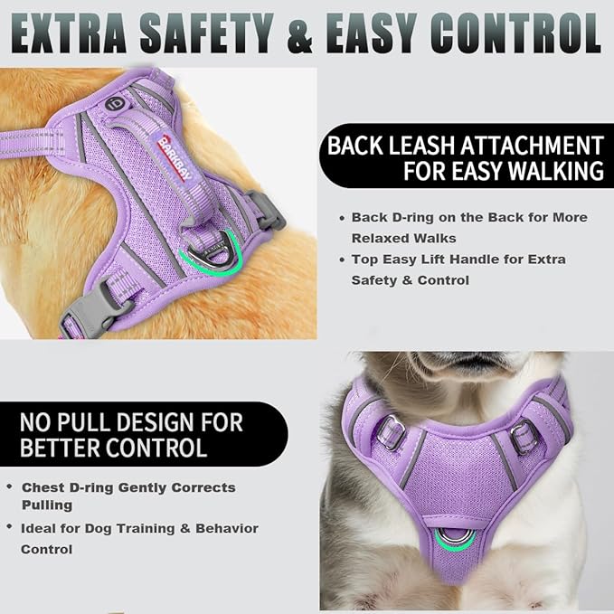 BARKBAY No Pull Dog Harness Large Reflective Dog Harness with Front Clip and Easy Control Handle for Walking Training Running with ID tag Pocket(Violet Purple,S)