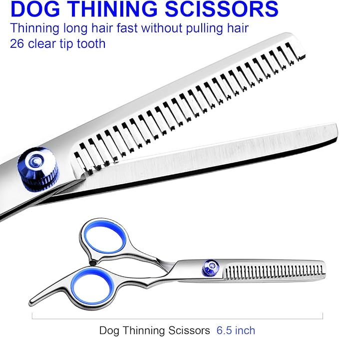 Professional Dog Grooming Scissors Kit, Titanium Coated Dog Scissors for Grooming, Grooming Shears Kit - Straight,Thinning, Curved Scissors and Comb for Dog Cat Pet (Blue 5 in 1)
