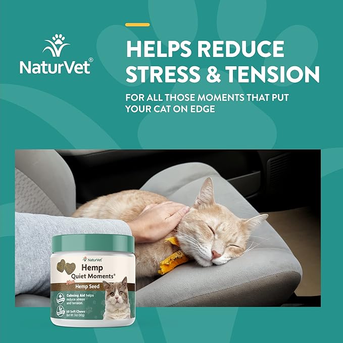 NaturVet Hemp Quiet Moments Plus Hemp Seed for Cats, 60 ct Soft Chews, Made in USANaturVet Quiet Moments Herbal Calming Spray, 8 Ounce- Feline