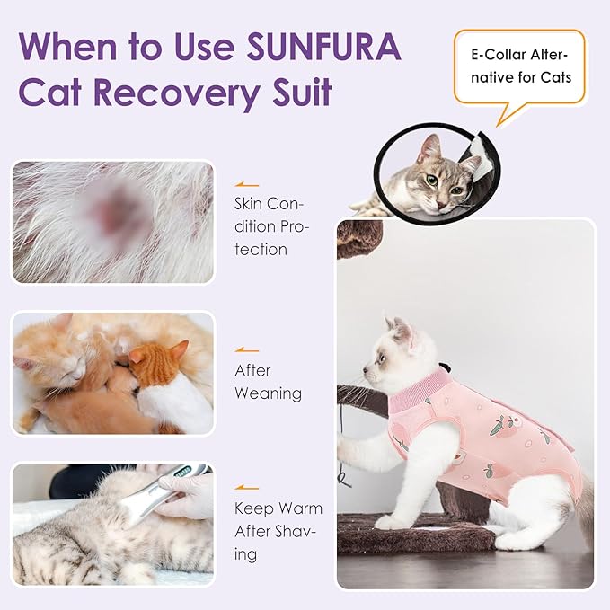 SUNFURA Cat Recovery Suit, Kitten Surgical Full Bodysuit for Abdominal Wound Protector Anti Licking After Surgery, Professional Bandages Cone E-Collar Alternative for Small Male & Female Pets