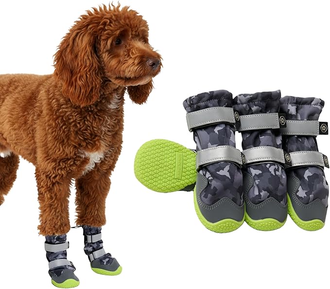 Spark Paws Dog Shoes, Waterproof Dog Boots for Medium to Large Dogs, Non Slip, Breathable Dog Booties and Paw Protectors - 4PCS Doggie Hiking Boots with Reflective Straps, Gray Camo, Size 3