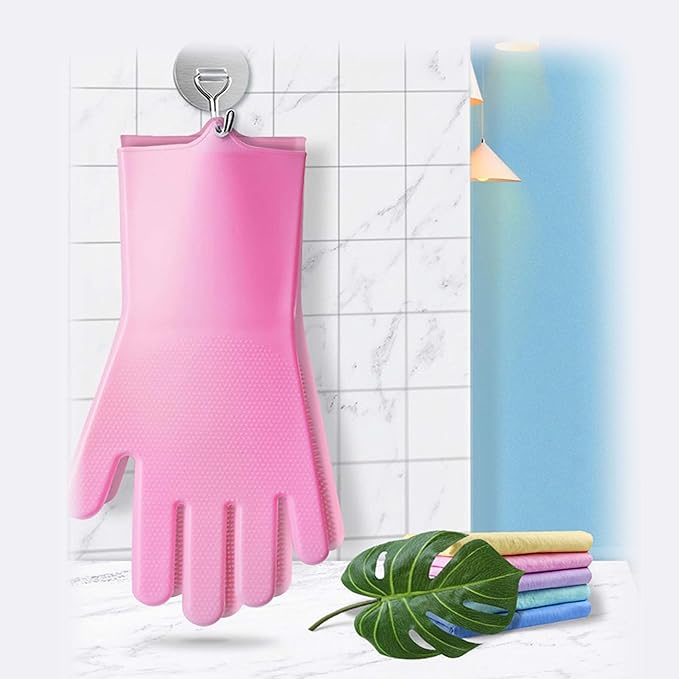 Pet Grooming Gloves，Heat-Resistant Silicone Gloves with High-Density Teeth for Enhanced Massaging and Bathing of Dogs and Cats (Pink, 1 Pair)