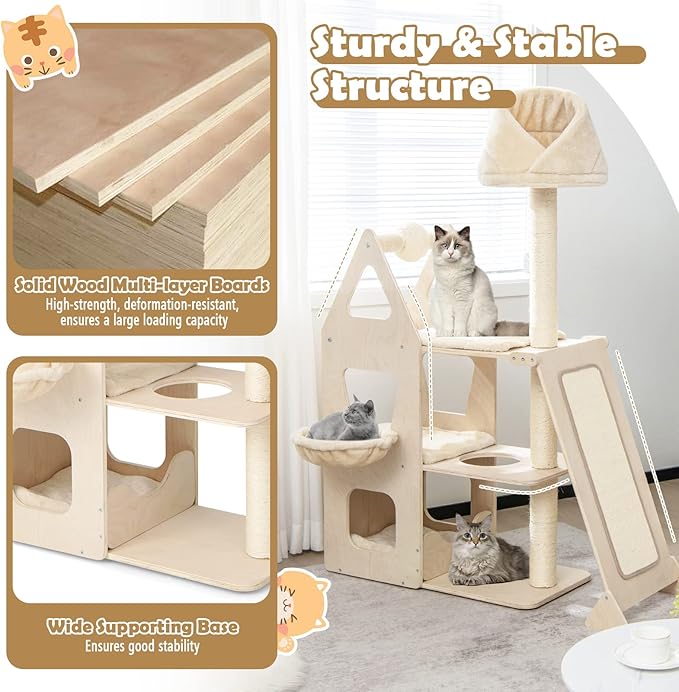 Tangkula Modern Wood Cat Tree for Indoor Cats, 64 Inch Multi-Level Tall Cat Tree with Scratching Rotatable Ball & Posts, Sisal Ramp, Hanging Basket, Large Cat Tower with Plush Perch, Washable Mats