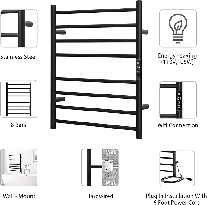 KEG Smart WiFi Towel Warmer Wall Mounted with Built-in Timer and Temperature Adjust Control, 8 Bars Electric Stainless Steel Heated Towel Racks for Bathroom Black