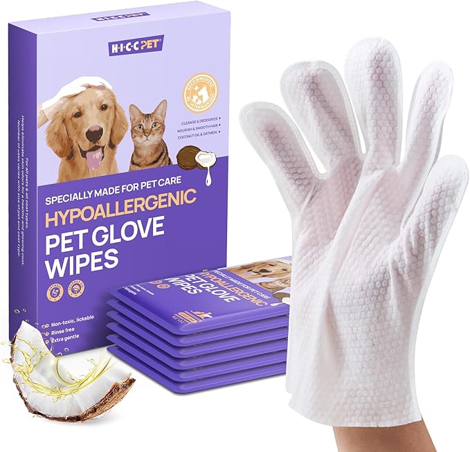 HICC PET Cleaning Deodorizing Glove Wipes for Dogs & Cats, Vet Recommended Hypoallergenic Pet Cleaning and Hydrating Glove Wipes, Nourish Fur Coconut Oil Pet Bathing Wipes for Horse Coat Care