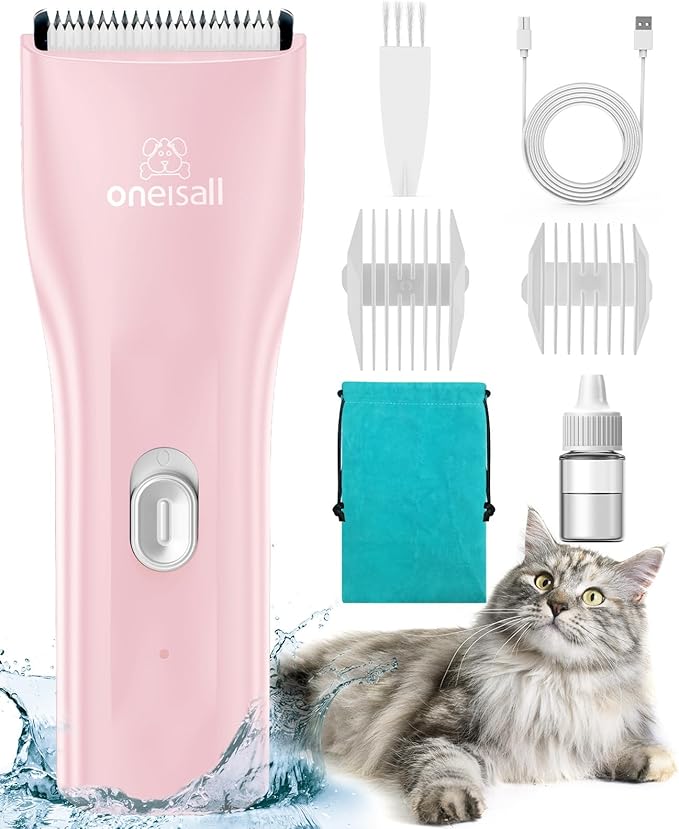 oneisall Pet Clipper for Cat Matted Hair, Pet Shaver for Cats Quiet Pet Clippers Waterproof Cordless Cat Clippers for Matted Hair Long Hair with Storage Bag (Pink)
