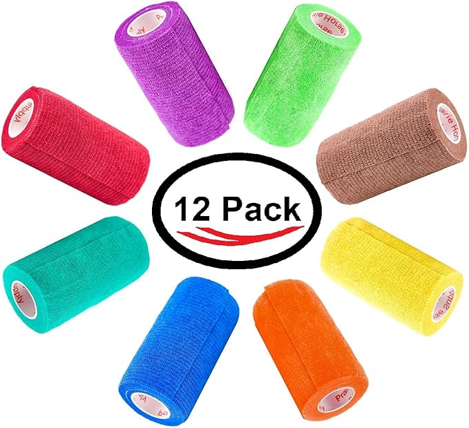 3 Inch Vet Wrap Tape Bulk (Assorted Colors) (Pack of 12) Self Adhesive Adherent Adhering Flex Bandage Grip Roll for Dog Cat Pet Horse