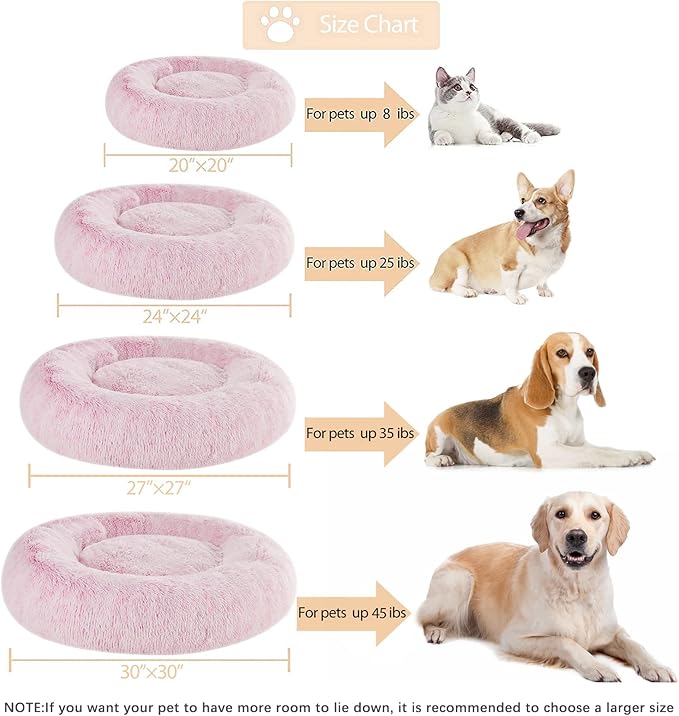 WNPETHOME Calming Dog Bed & Cat Bed Donut, Faux Fur Self-Warming Donut Cuddler, Comfortable Round Plush Pet Beds (27 x 27 x 8 Inch, Light Pink)