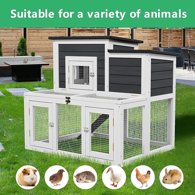 Outdoor Chicken coops for 2-4 Chickens Wooden with Waterproof Asphalt Roof, Ramp, and Multiple Doors Openable Top Pull-Out Tray Suitable for Outdoor Backyard (Black and White)