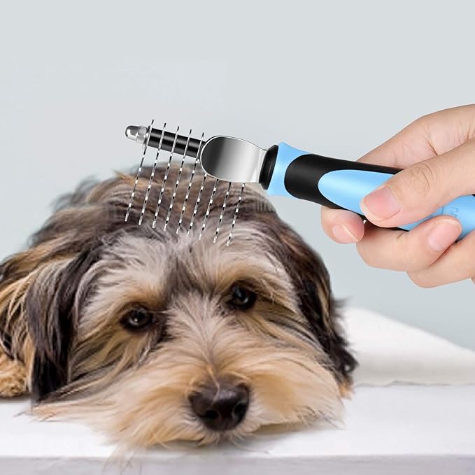 Flexzion Dogs Dematting Comb, Stainless Steel Blades Rakes, for Pets Cats Animals Matted Knotted Hair, Brush Cutting Removing Grooming Tool with Smooth Teeth Needle - Black & Blue Handle