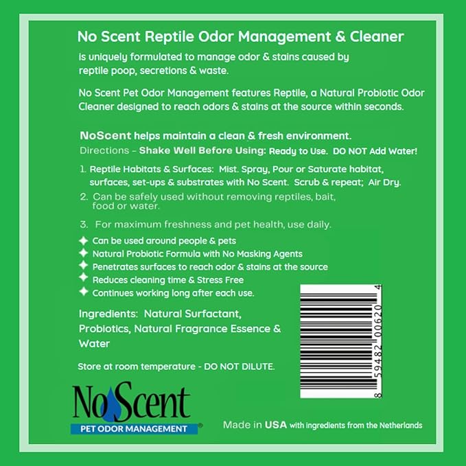 No Scent Reptile - Professional Pet Waste Odor Eliminator and Cleaner - Safe All Natural Probiotic & Enzyme Formula Smell Remover for Tanks Terrariums Enclosures and Substrates (2 oz x 2)