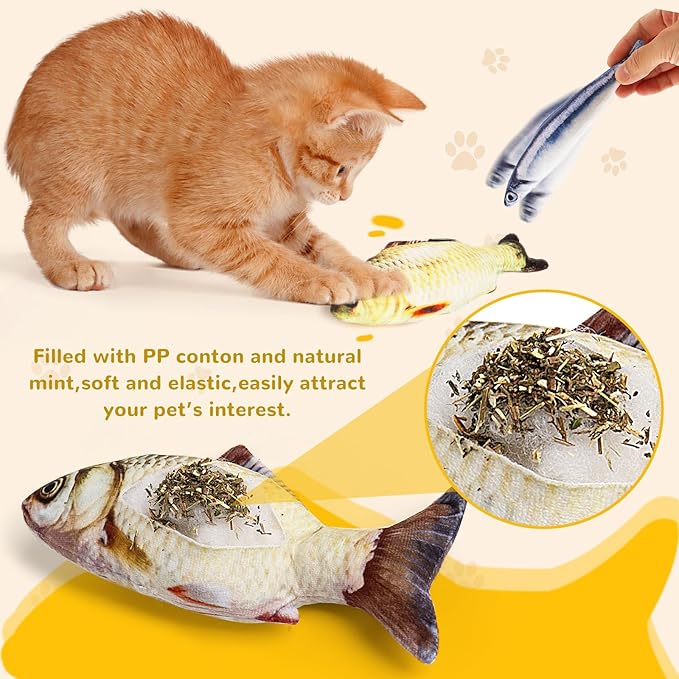 Catnip Toys 5 Pack - Simulation Fish Shape Realistic Fluffy Catnip Doll Interactive Pets Pillow Chew Bite Supplies for Cat Kitten Kitty