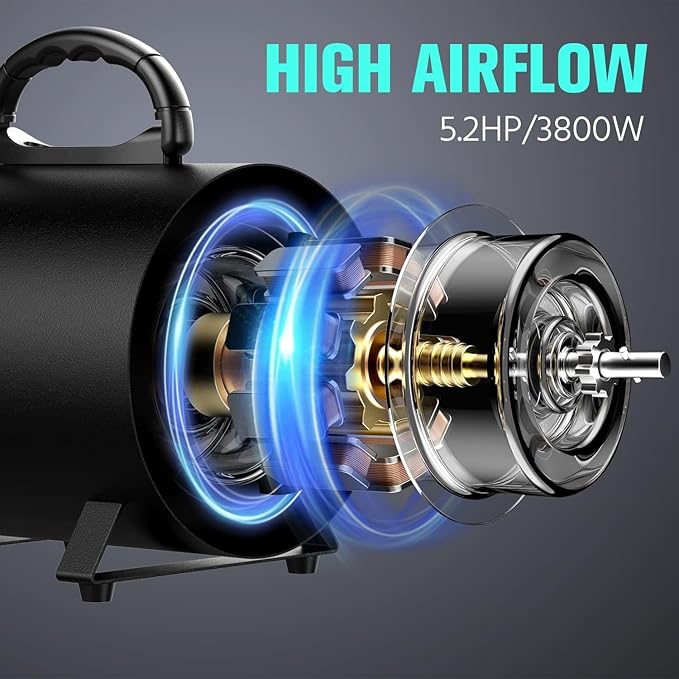 Pet Dryer, 5.2HP/3800W Pet Grooming with Adjustable Speed and Temperature Control Dog Blow Dryer, Pet Hair Dryer with 3 Nozzle