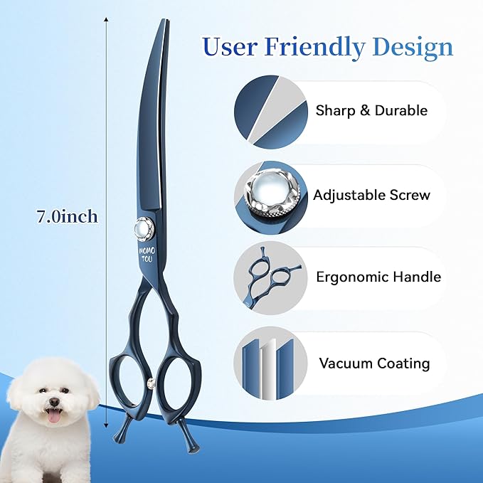 7 inch Matte Blue Curved Dog Grooming Scissors Professional 440C Stainless Steel Dog Shears Smooth Cutting Comfortable Grip and Easy to Use for Groomers and Home Use