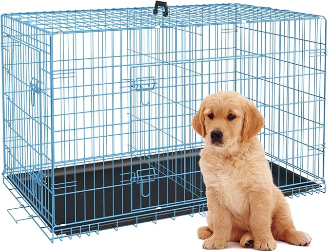BestPet | Dog Crate | 24" | Blue | Foldable Metal Kennel with Double Doors, Secure Slide-Bolt Latches, Leakproof Tray | Portable Dog Cage for Small Breeds | for Travel, Indoor & Outdoor Use