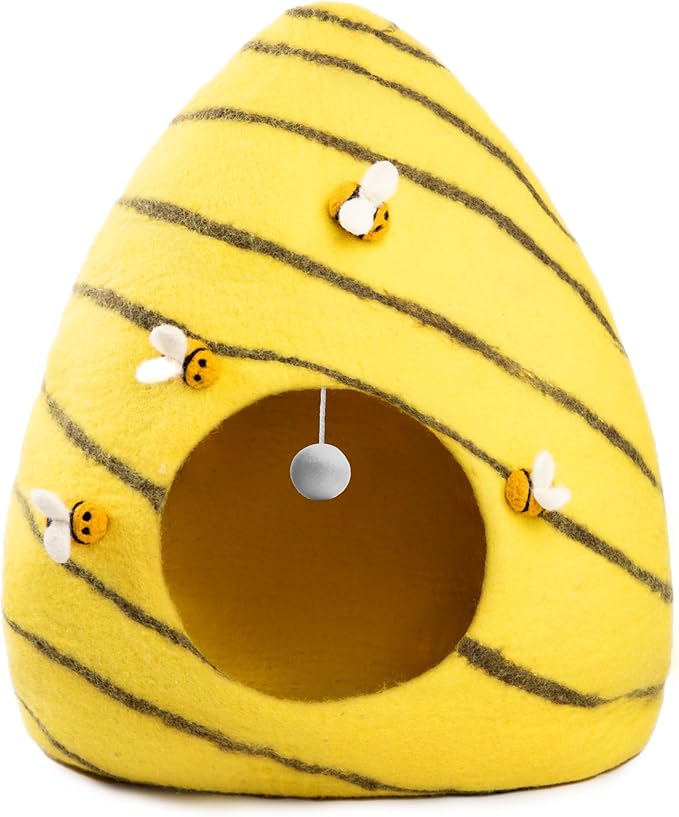Luxurious Eco-Friendly Merino Wool Cat Cave Bed Beehive - Foldable Hideaway Pod for Indoor Cats - Premium Felt Kitten Beds - Covered Cat House for Ultimate Cozy Comfort by Woolygon