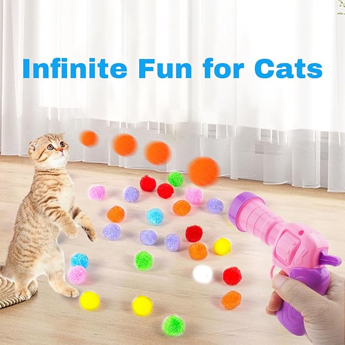 31Pcs Cat Ball Toy Launcher, 30Pcs Plush Fuzzy Balls, Cat Fetch Toy Gun Shooter for Indoor Kittens