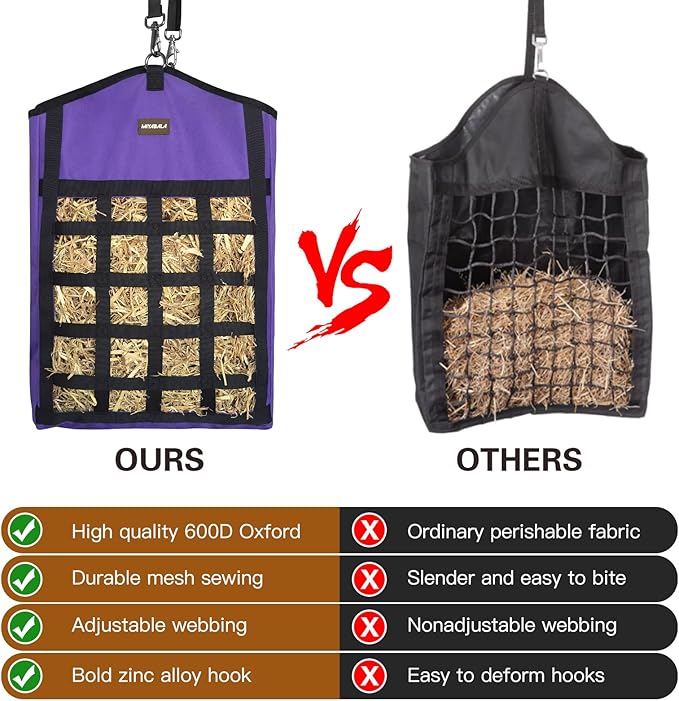Hay Bags for Horses,3 Packs Slow Feed Hay Bags for Goats,Sheep,Donkey,Premium Oxford Hay Feed Bags with Front Hay Nets Design, Easy to Fill and Hang with Large Opening (2Purple + 1Black)