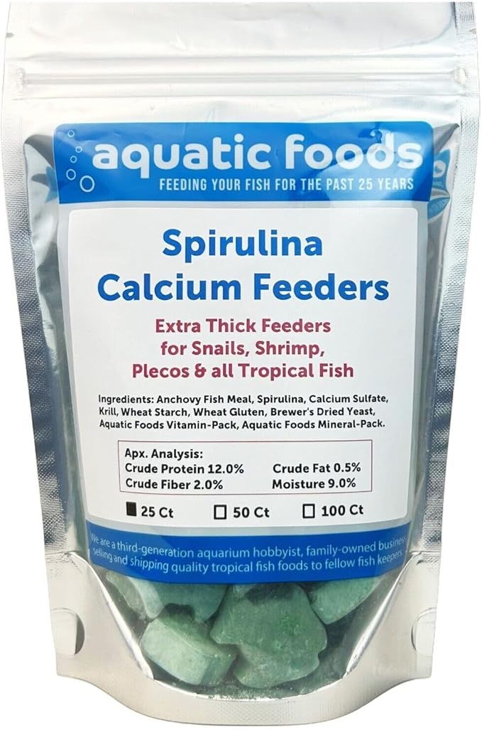 Aquatic Foods Inc. Spirulina Enriched Calcium Feeders for Shrimp, Snails, Crabs, Crayfish, Pleco, Catfish, All Tropical Fish…25 Count Bag