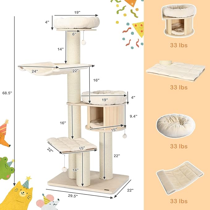 PETSITE 68.5" Tall Cat Tree, Multi-Level Modern Cat Tower with Sisal Scratching Posts, Top Perch, Cat Condo, Hammock, Jingling Balls, and Washable Cushions, Cat Tree Tower for Indoor Cats Large Adult