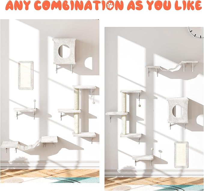 NUNU LAB Cat Wall Shelves Set, 5 Pcs Wall-Mounted Cat Climber with Condo House, Bridge Ladder, Scratching Post, Indoor Cat Furniture Set, Beige
