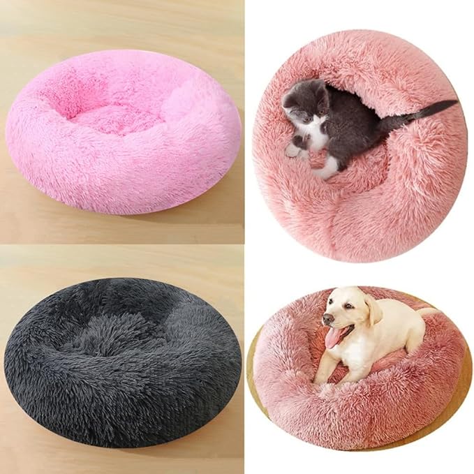 Large Calming Dog Bed, 40 Inch Anti-Anxiety Donut Dog Cuddler Cat Bed, Warming Cozy Soft Dogs Round Bed, Fluffy Faux Fur Machine Washable Pet Cushion for Medium Large Dogs & Cats (Pink)
