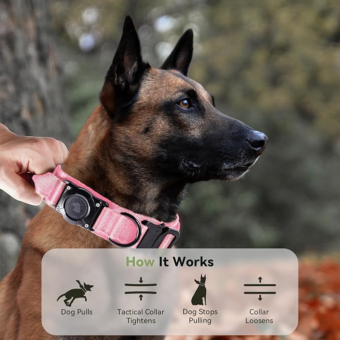 2025 Upgrade Waterproof AirTag Dog Collar, Military Tactical Dog Collar with AirTag Holder, Comfortable Control Handle and Metal Buckle, GPS Dog Collar Holder for Medium to Large Dogs (Pink,L)