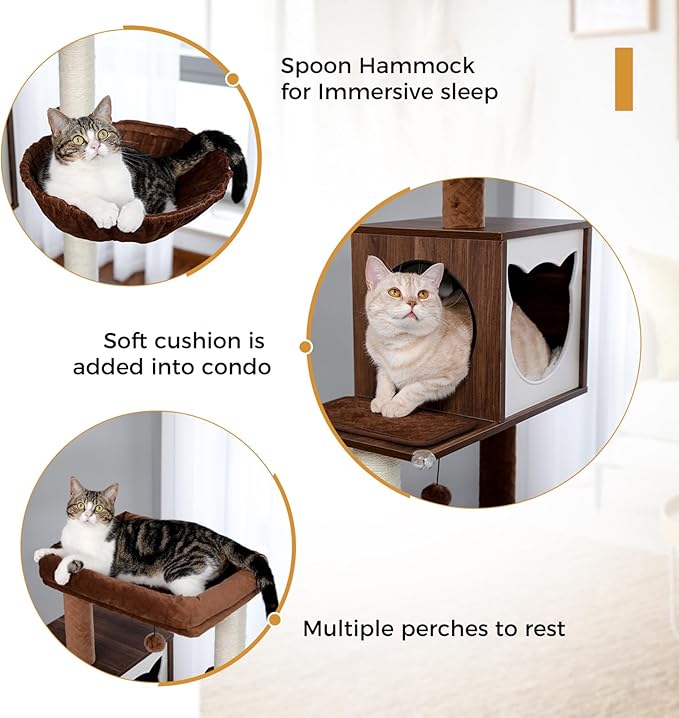 Tall Cat Tree with Litter Box Enclosure 56.7" Wooden Cat Tower for Large Cats with Cat Hammock House Bed (Wood Black)